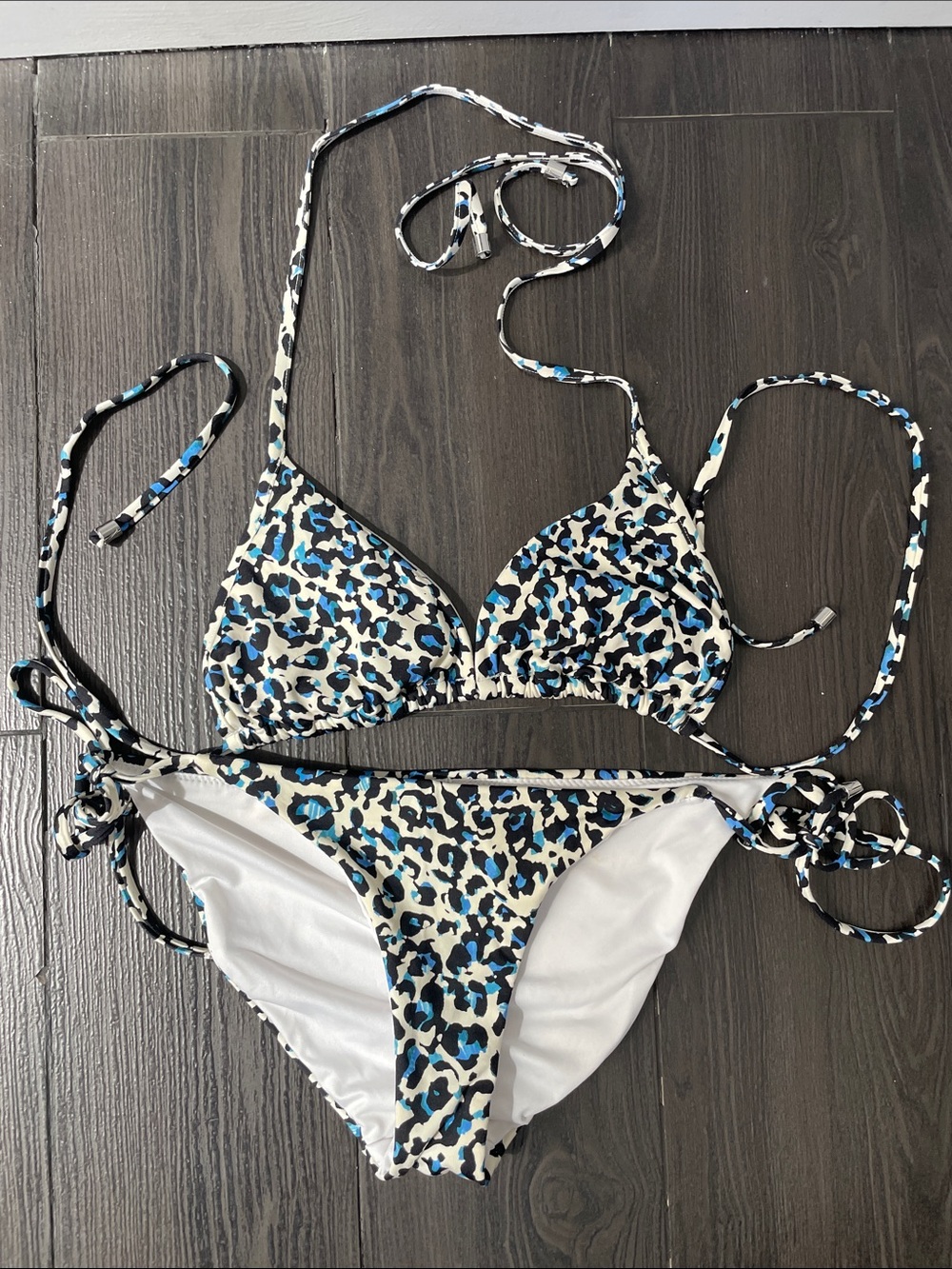 Victoria's Secret Blue & Black Leopard Print String Bikini Set